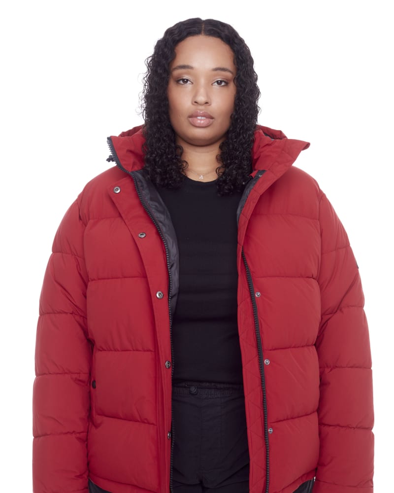 Front of a model wearing a size 4X Women's Plus Size - FORILLON | Vegan Down Recycled Short Quilted Puffer Jacket in Deep Red by Alpine North. | dia_product_style_image_id:320658